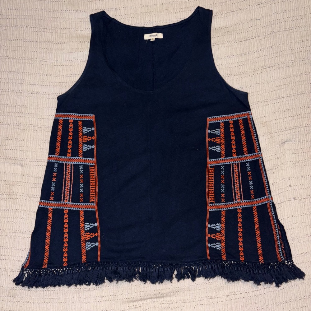 Madewell Navy Blue Embroidered Fringe Tank Top Orange Geometric Boho Medium